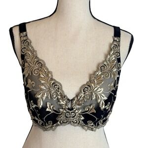 Soma 34DD Sensuous Lace Push Up Plunge Bra Black Gold Floral Embroidery